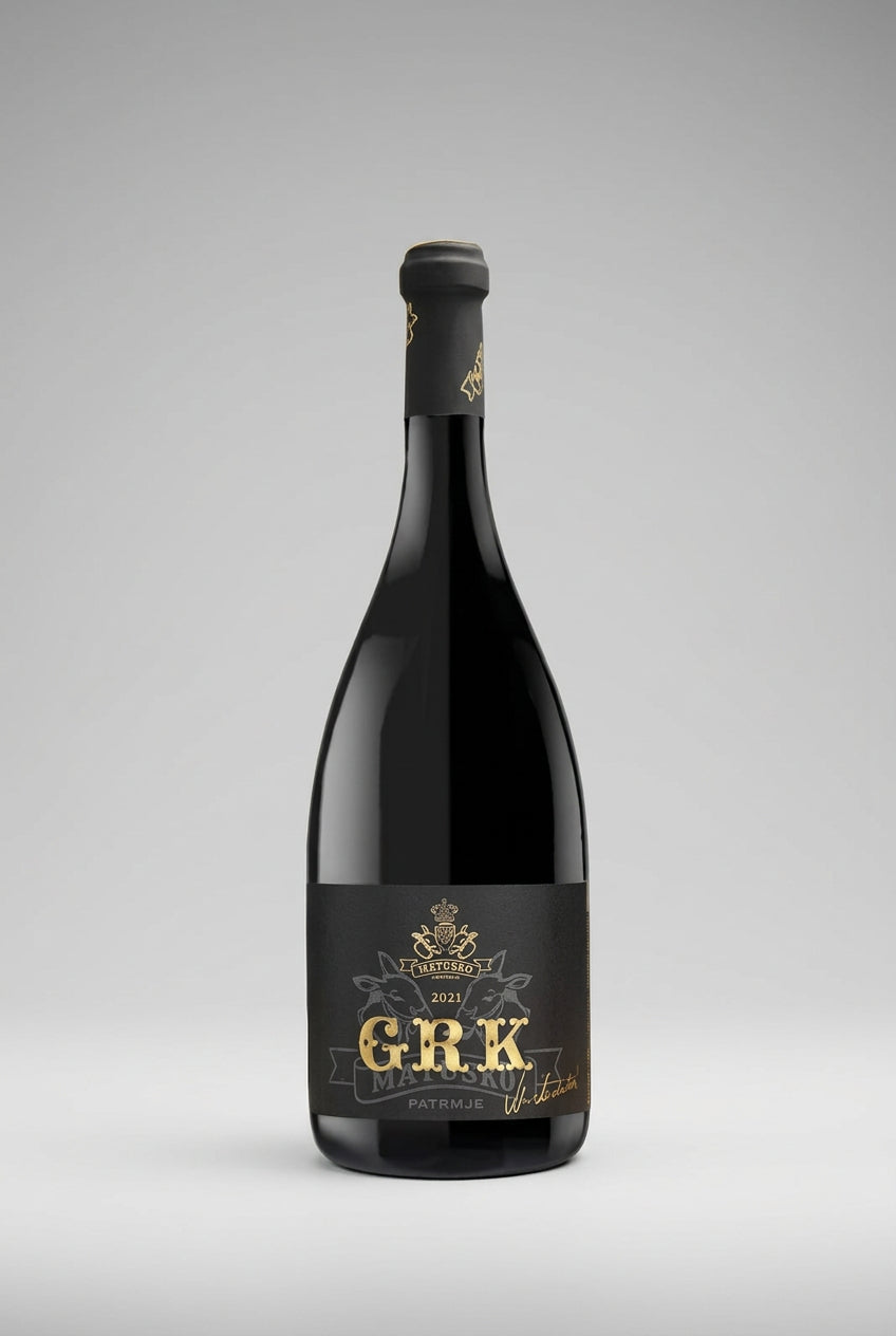 Wine bottle with a black label on a white background