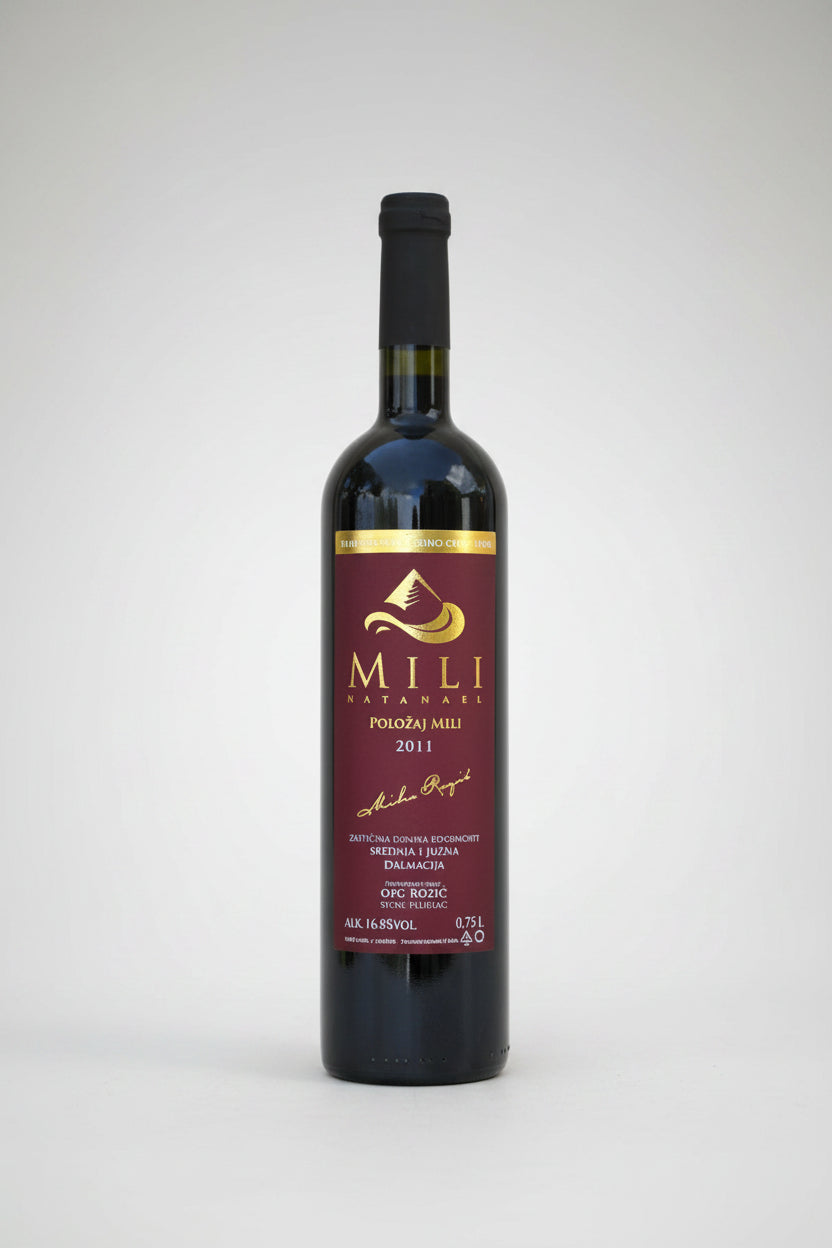 Wine bottle with Mili label on a white background