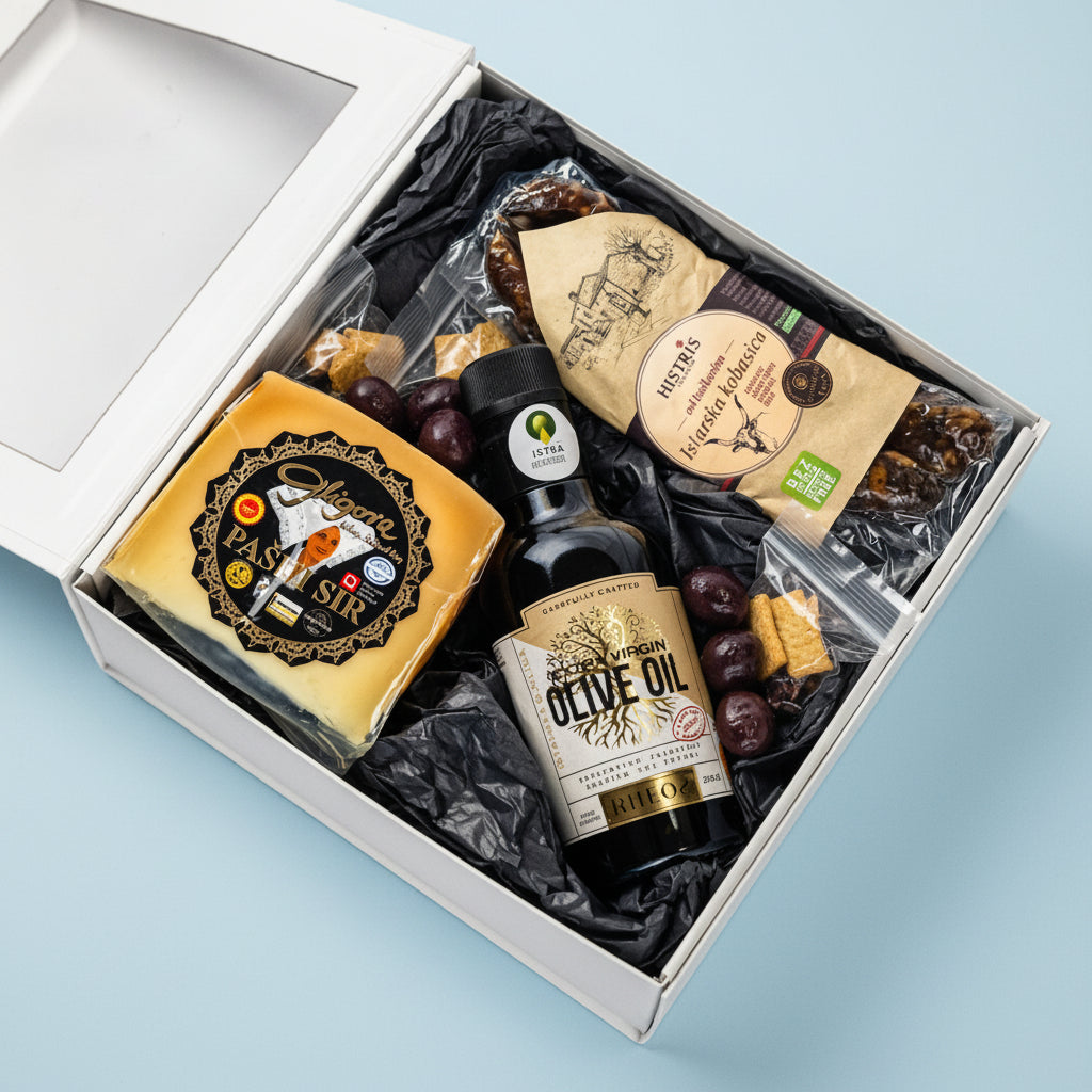 More Mediterranean gourmet gift box by Gligora showcasing award-winning Pag cheese (Paški sir), premium Rheos extra virgin olive oil from Istria, and authentic cured Histris Boškarin sausage inside a compact black magnetic box.