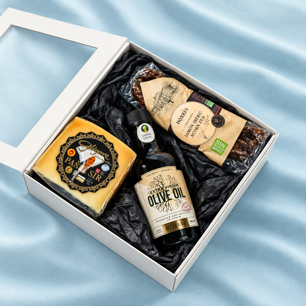 More Mediterranean gourmet gift box by Gligora showcasing award-winning Pag cheese (Paški sir), premium Rheos extra virgin olive oil from Istria, and authentic cured Histris Boškarin sausage inside a compact black magnetic box.