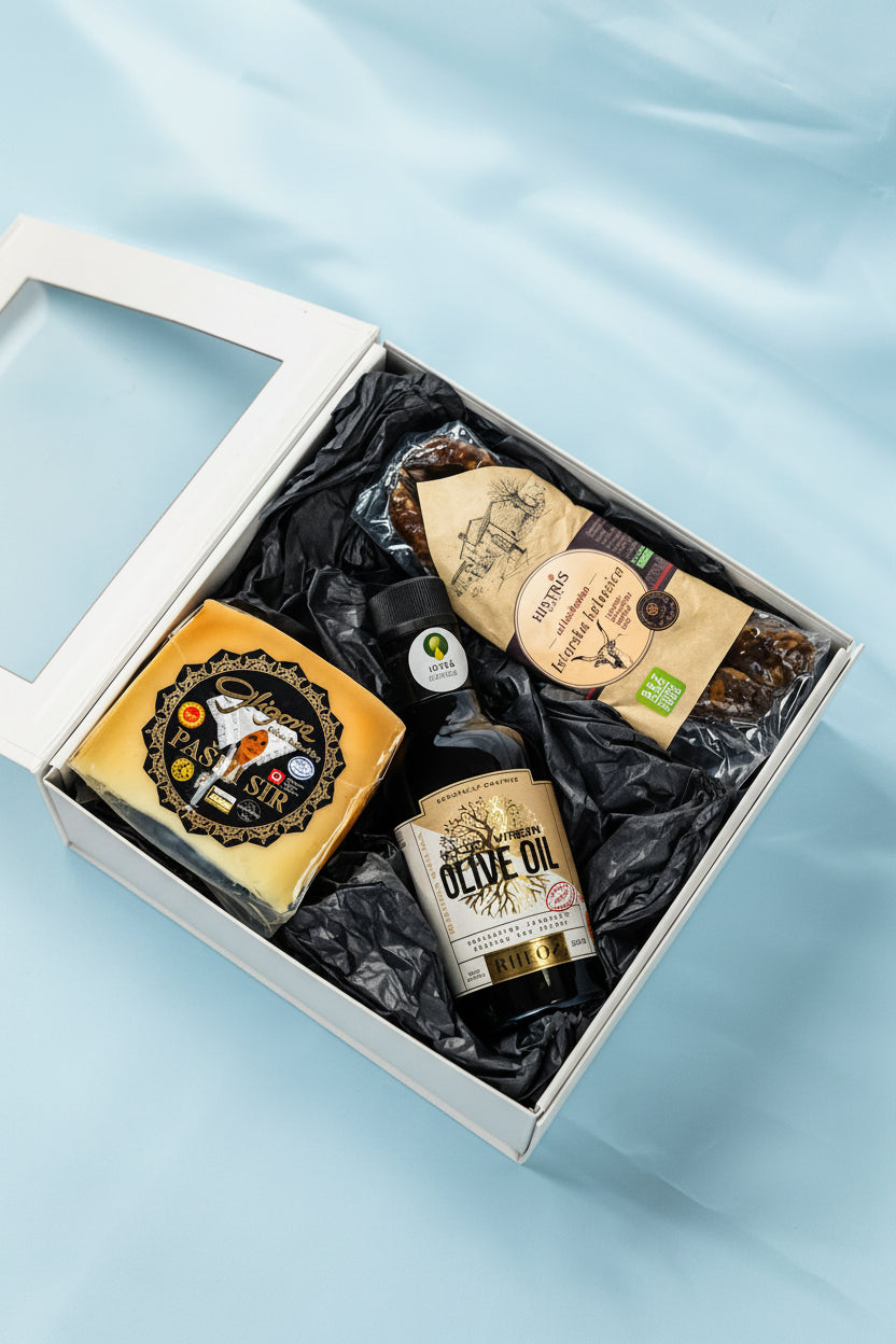 More Mediterranean gourmet gift box by Gligora showcasing award-winning Pag cheese (Paški sir), premium Rheos extra virgin olive oil from Istria, and authentic cured Histris Boškarin sausage inside a compact black magnetic box.