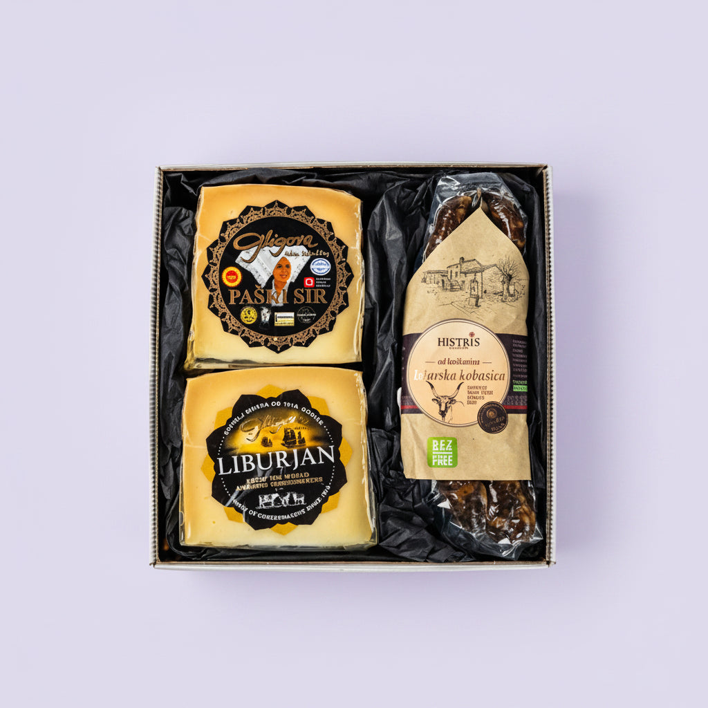Obala coastal heritage gift box by Gligora containing a premium dual cheese selection of legendary Pag cheese and artisan Liburjan cheese, paired with traditional Histris Boškarin sausage in a stylish Vistadolce box.