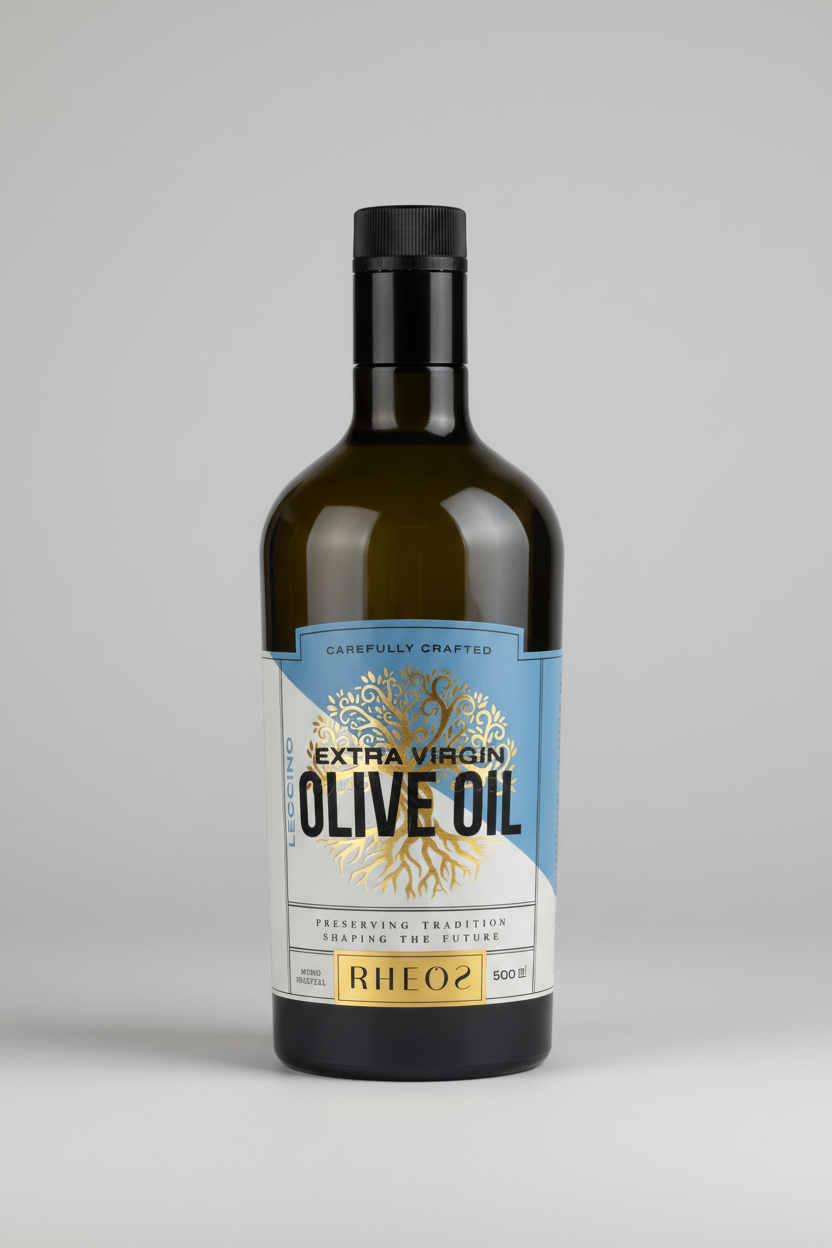 Bottle of extra virgin olive oil with a decorative label on a white background