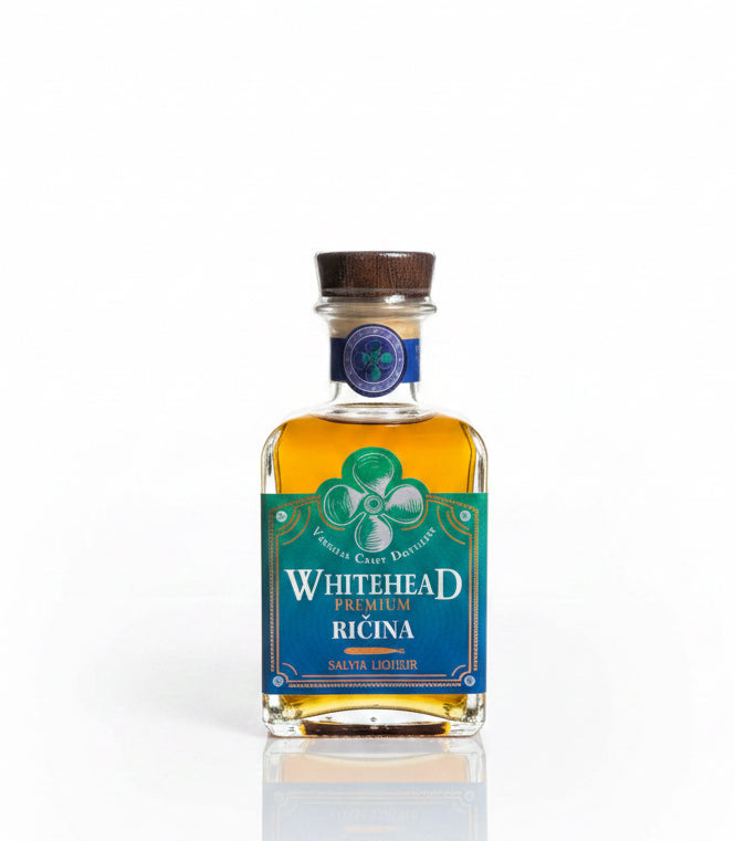 Bottle of Whitehead Premium Ricina liquor on a white background