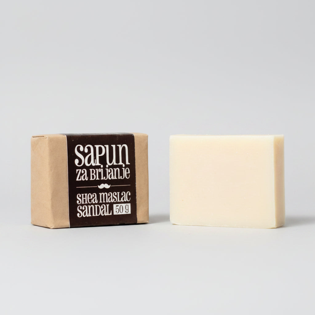 Sapunoteka prirodni ručno rađeni sapun za brijanje sa sandalovinom i shea maslacem u zero-waste pakiranju