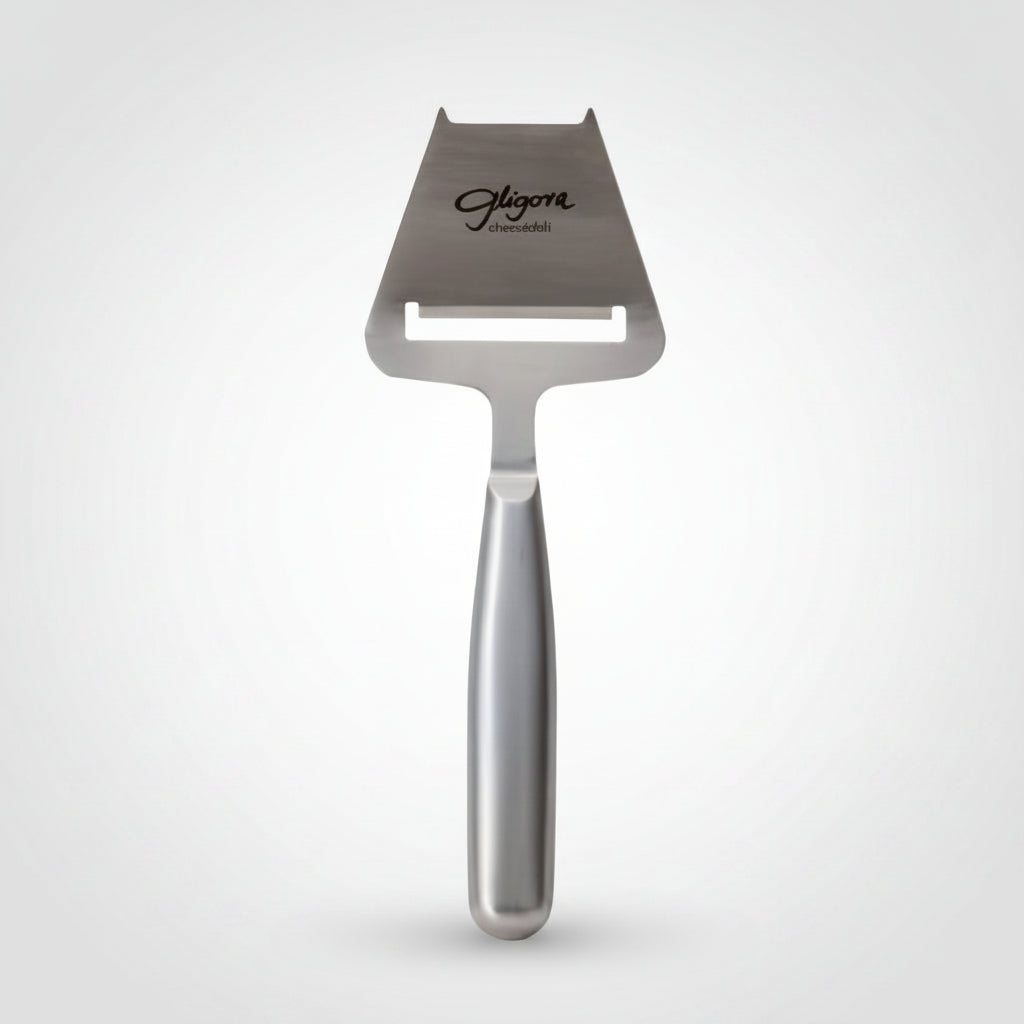 Metal cheese slicer with 'Gligore' branding on a white background