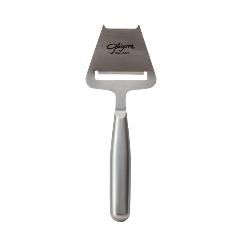 Metal cheese slicer with 'Gligore' branding on a white background