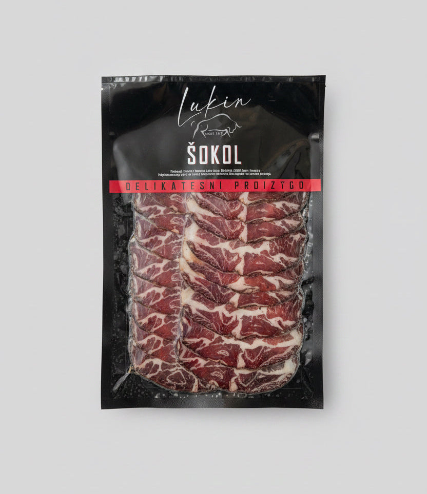 Packaged meat product with 'Lukin' branding on a gray background
