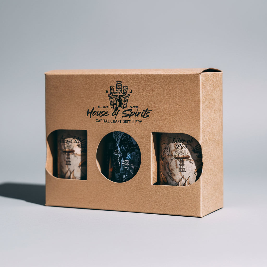 Brown packaging box with 'House of Spirits' branding on a wooden surface.