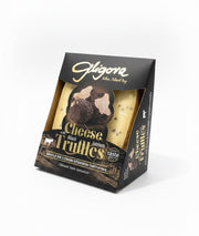 Packaged cheese with black truffles in a Fligori box on a white background