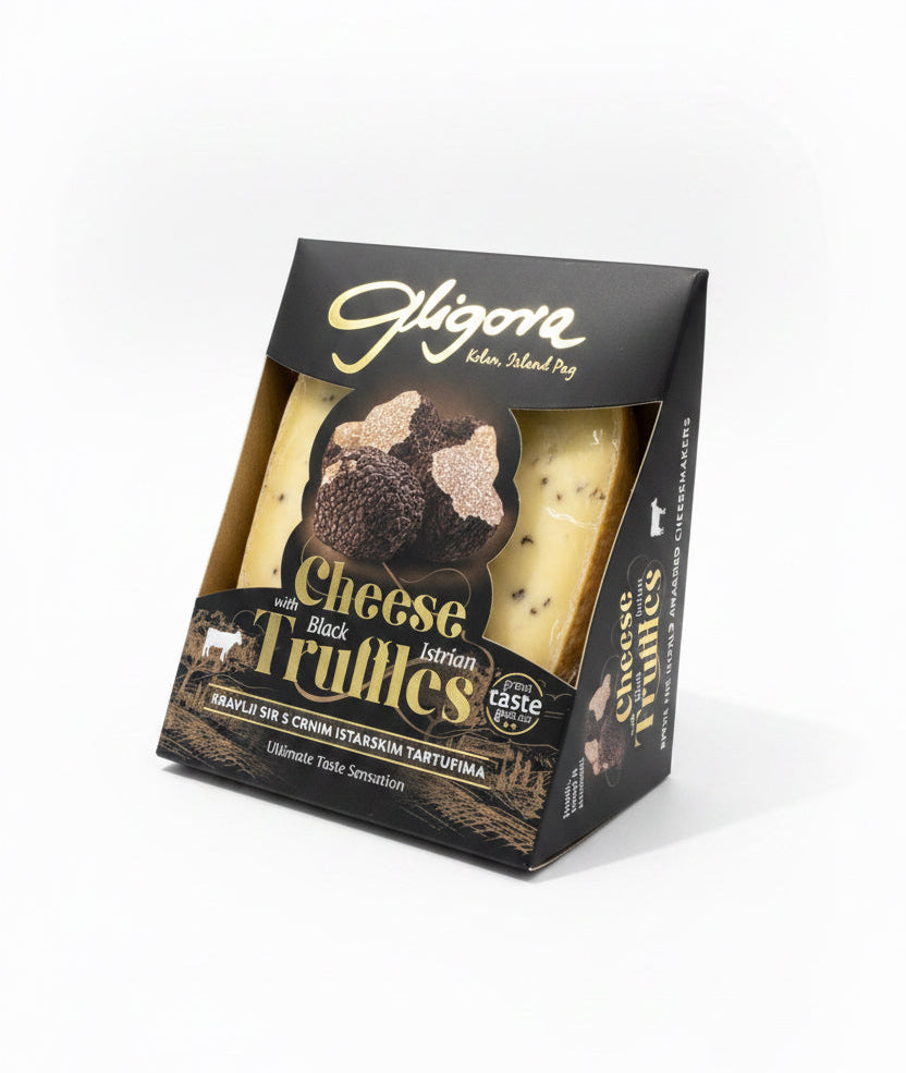 Packaged cheese with black truffles in a Fligori box on a white background