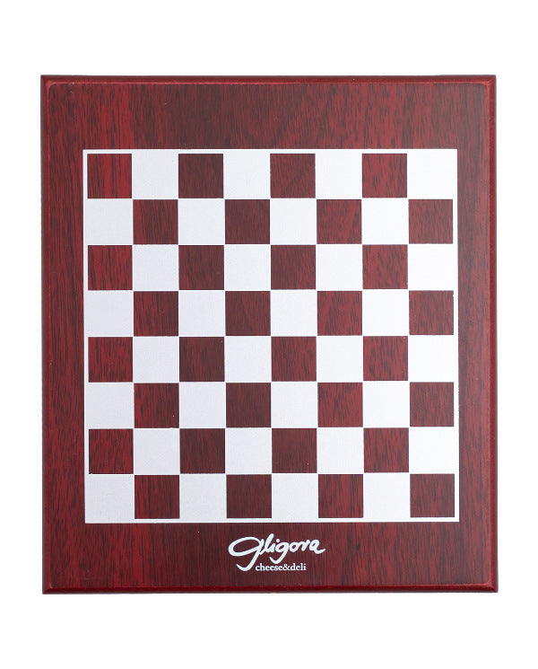 Checkered board with a wooden frame and 'Gligora' branding on a white background
