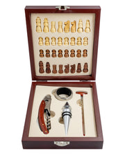 Wine bottle opener set with wine accessories in a wooden box on a white background