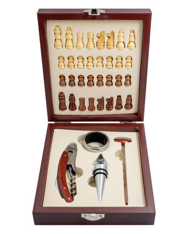 Wine bottle opener set with wine accessories in a wooden box on a white background